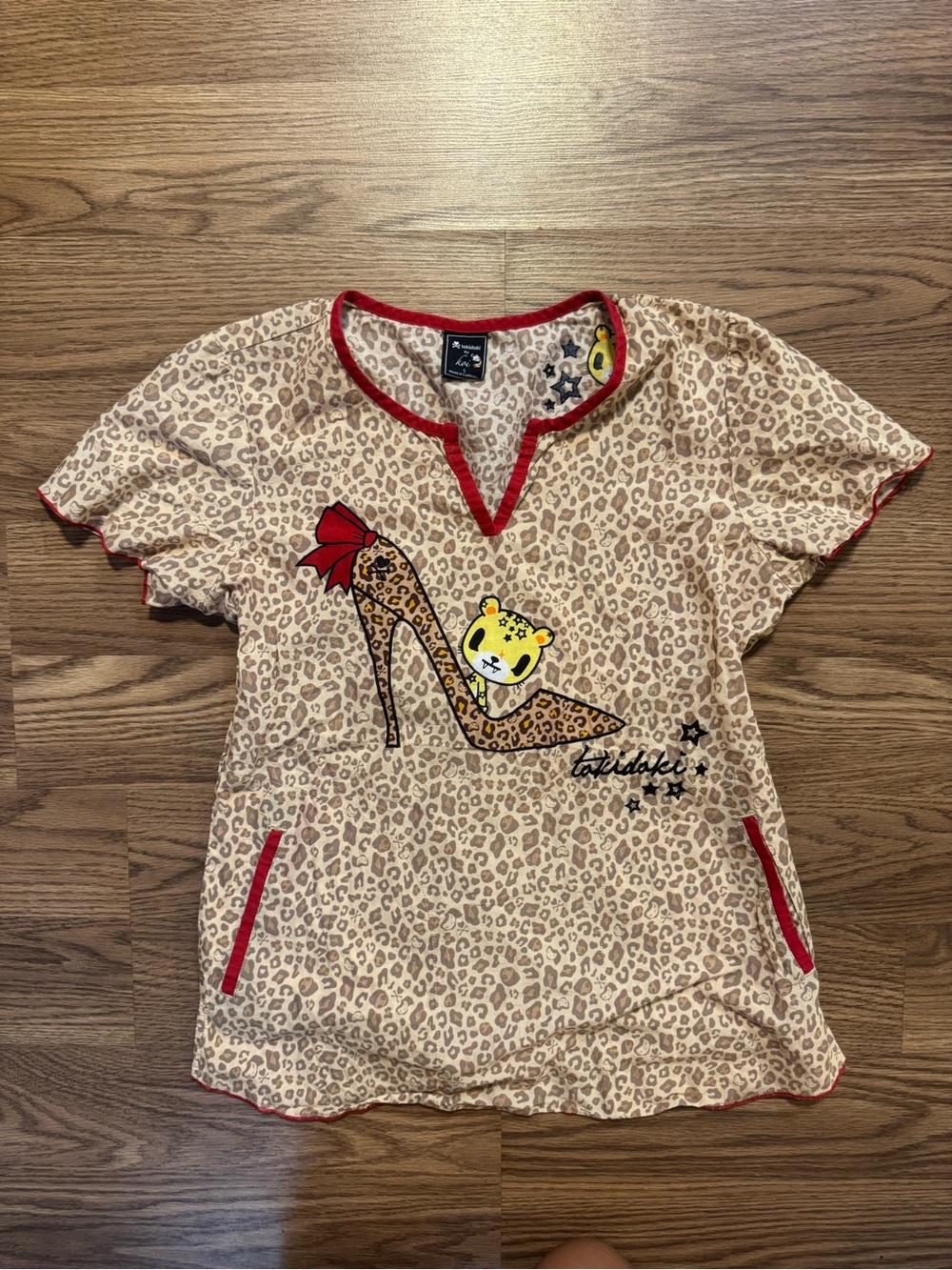 tokidoki Leopard Print Top/Scrubs with Red Trim and Koi Accent